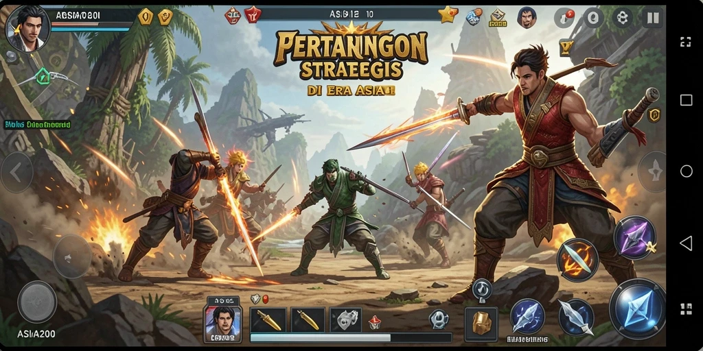 Screenshot gameplay ASIA200 dengan tampilan pertempuran strategis.